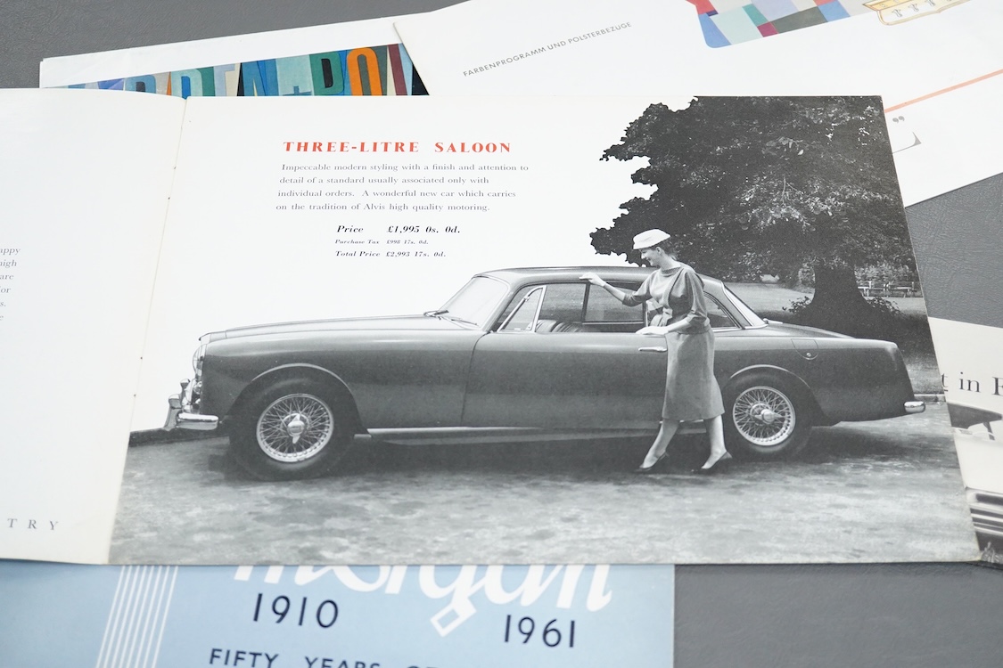Six 1950s and 1960s motor car manufacturer’s brochures; the Alvis Three Litre TD21 (produced 1962-63), the Ford Anglia and Prefect (produced 1953-59), the Morgan (1960-61), the Opel Rekord P2 (produced 1960-63), the Opel